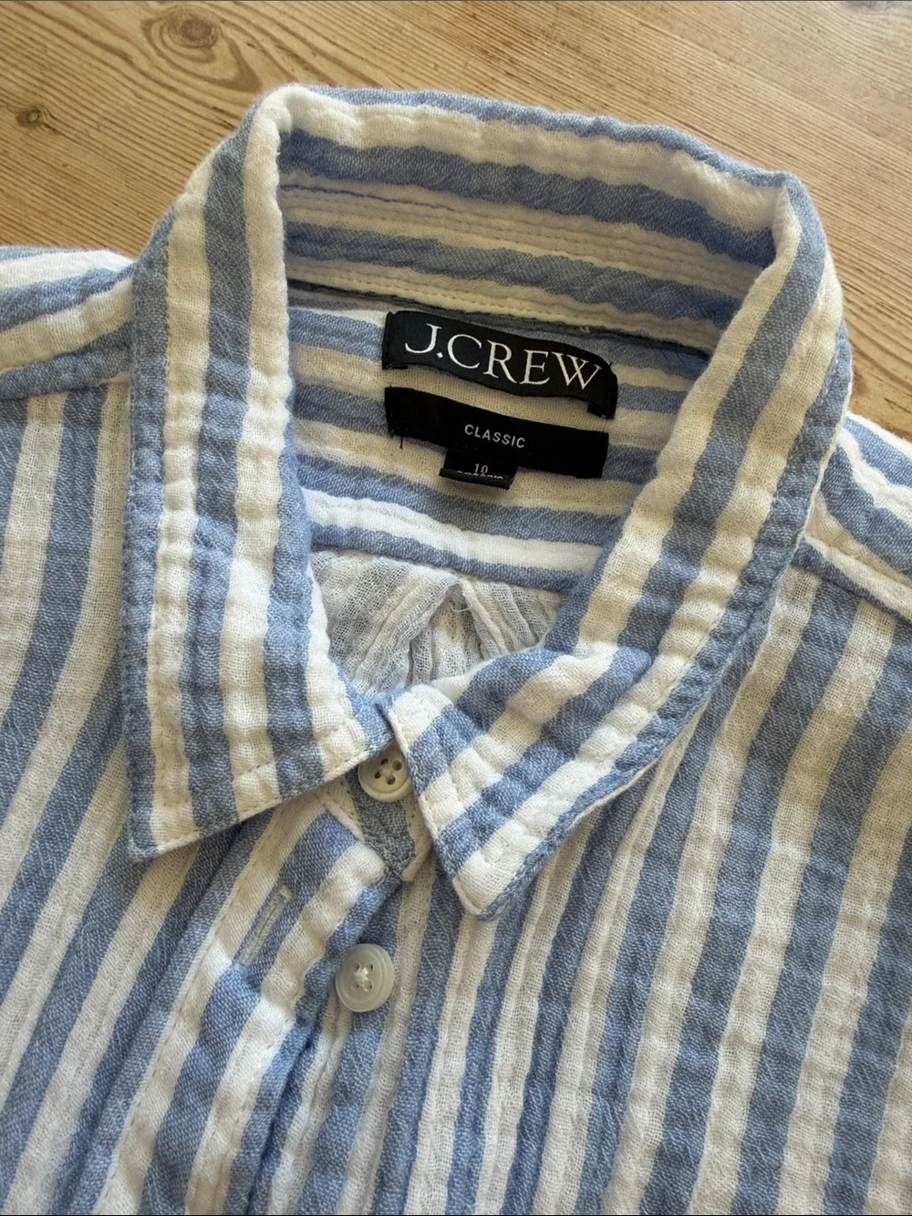 J. Crew Light Blue and White Vertical Stripe Button-Down gauze Shirt